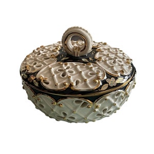 Vintage Italian Pierced Hand-painted Covered Dish Italy Black Gold White