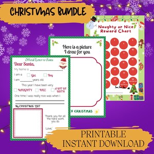 Paquete navideño, Carta a Papá Noel, Carta a Papá Noel, Descarga instantánea imprimible, Tabla de recompensas para niños, Lista de deseos navideños, Actividad navideña