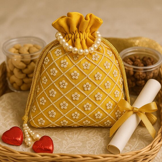 刺繍入りシルクポトゥリバッグ：インドの結婚式の記念品、ハンドメイド