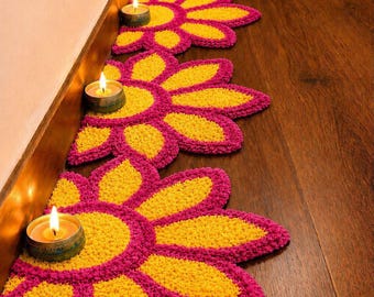 4 Pcs Handmade Lotus Flower Diwali Mat Set, Hand Stitched Fabric Diya Base, Indian Festive Floor Decor & Housewarming Return Gift