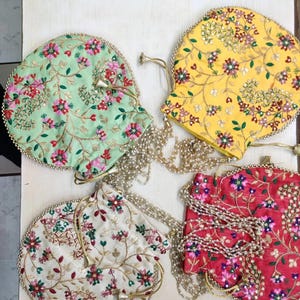 Women Potli Bags for Gifting Pack of 100 Pieces, Embroidered Silk Wedding Favor Bags, Traditional Drawstring Bag, Indian Return Gift