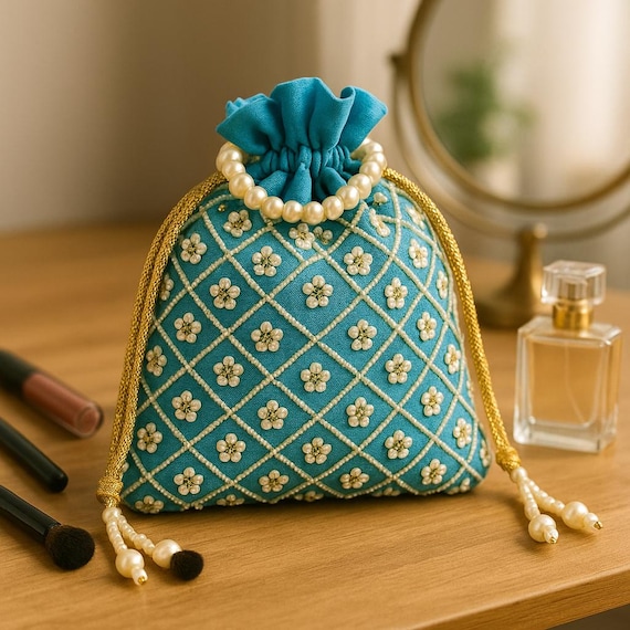 刺繍入りシルクポトゥリバッグ：インドの結婚式の記念品、ハンドメイド