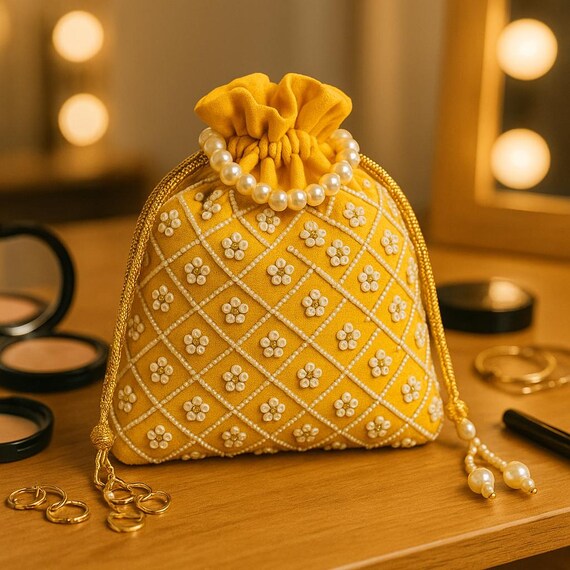 刺繍入りシルクポトゥリバッグ：インドの結婚式の記念品、ハンドメイド