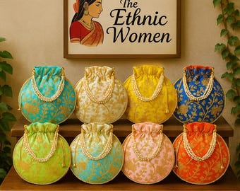 刺繍入りシルクポトゥリバッグ：インドの結婚式の記念品、ハンドメイド