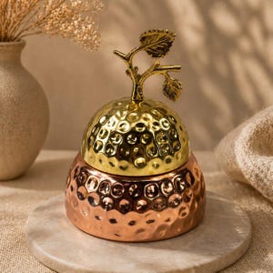 Metallic Dome Storage Jar, Hammered Candy Bowl, Leaf Knob Container