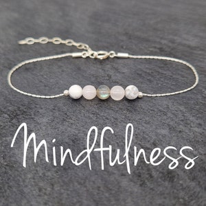 925 STERLING SILVER Healing Energy Bracelet, dainty chain with an adjustable extender. Mindfulness - Labradorite, Rose Quartz & Howlite
