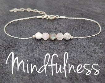 925 STERLING SILVER Healing Energy Bracelet, dainty chain with an adjustable extender. Mindfulness - Labradorite, Rose Quartz & Howlite