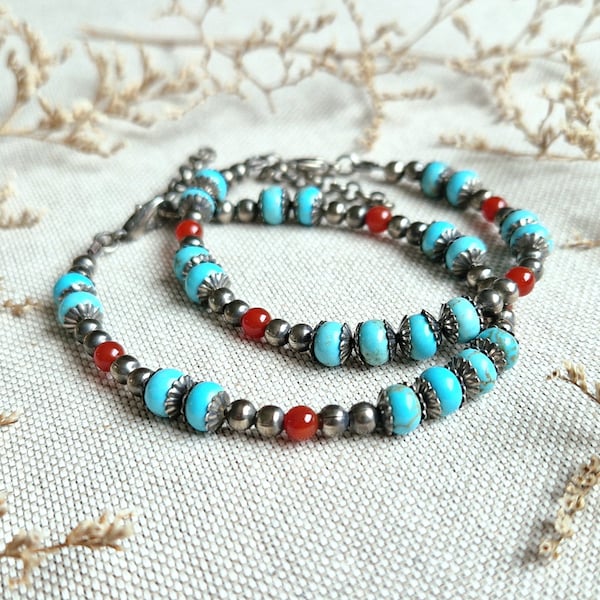 TURQUOISE & CARNELIAN, NAVAJO style extendable bracelet, silver-plated, oxidised beads, lobster clasp, Native American, Navajo pearls