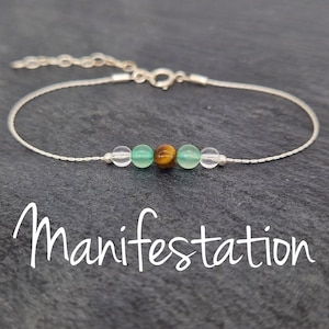 925 STERLING SILVER Healing Energy Bracelet, dainty chain with an adjustable extender. Manifestation - Tiger&#39;s Eye, Aventurine, Clear Quartz