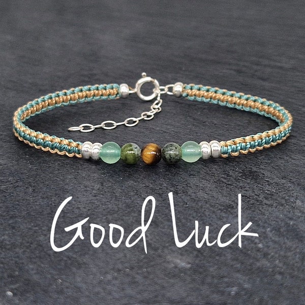 GOOD LUCK - LIGHT Healing Energy Bracelet, macramé & sterling silver, adjustable. Tiger’s Eye, Green Jade, Green Aventurine 4mm gemstones