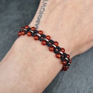 CARNELIAN - FUSION BRACELET sterling silver & macrame gemstone bracelet, 4mm crystal beads, oxidised 925 belcher chain, magnetic lock