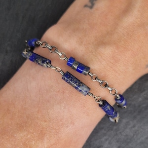 LAPIS LAZULI ROSARY & chain bracelet, double strand,heishi and tube natural gemstone, oxidised 925 sterling silver jewellery with bolt clasp