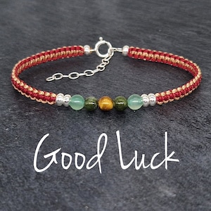 GOOD LUCK - BRIGHT Healing Energy Bracelet, makrama i srebro próby 925, regulowana. Tygrysie oko, zielony jadeit, zielony awenturyn 4 mm kamienie szlachetne