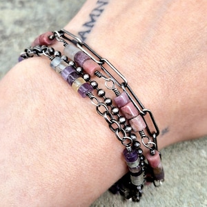 HEISHI ROSARY BRACELET - Rhodonite, Prehnite & Amethyst, multi-strand 925 oxidised sterling silver crystal bracelet with magnetic clasp