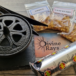 CAST IRON BURNER Set, includes 3 x Prinknash resin incense packs, cast iron burner, slate coaster, brass tongs and 10 x charcoal discs