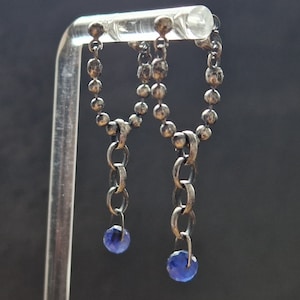 SAPPHIRE & CHAIN EARRINGS - 925 oxidised sterling silver, natural faceted Sapphires, modern unusual geometric, ball and belcher chain, round