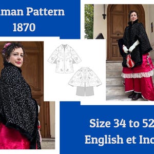 May include: A black and white line drawing of a dolman pattern for a cape. The pattern is for sizes 34 to 52 in English and inches. The image also shows a woman wearing a black cape with a red skirt.
