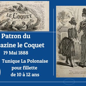 Túnica ou vestido polonês com padrão digital, meninas de 10 a 12 anos pela Le Coquet Magazine, 19 de maio de 1888, Tunique La Polonaise. A4, CARTA DOS EUA e A0.