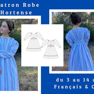 May include: A sewing pattern for a blue and white striped dress called "Robe Hortense". The pattern is for sizes 3 to 14 years old and is written in French and for French elementary school students.