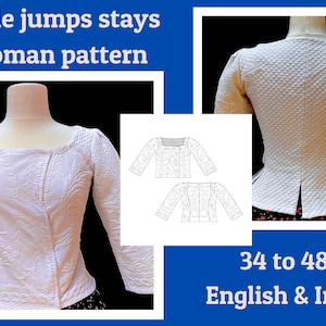Puede incluir: Top blanco acolchado con escote cuadrado y mangas largas. El top se muestra en un maniquí y se incluye un dibujo lineal del patrón. El texto "Odile jumps stays woman pattern" y "34 to 48 English & Inch" también se incluye en la imagen.