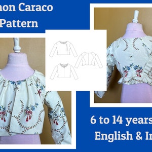 Op de afbeelding: Een wit Ninon Caraco-patroon voor kinderen van 6 tot 14 jaar oud. Het patroon is gedrukt op wit papier en bevat instructies voor het naaien van een caraco in het Engels en in inches.
