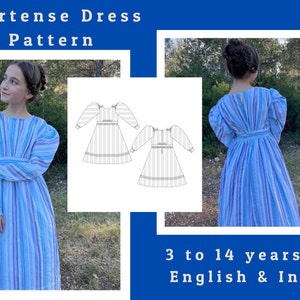 May include: The image showcases a blue and purple striped dress pattern, the "Hortense Dress Pattern", with a drawing of the dress and a photo of a person wearing the dress. The text indicates the pattern is for ages 3 to 14 years old and uses English and inch measurements.