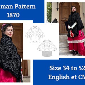 May include: A digital pattern for a dolman style cape, with a black and white line drawing of the garment. The pattern is for sizes 34 to 52 in both English and CM. The image also shows a woman wearing a black cape with a red skirt.