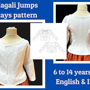 May include: A white quilted stays pattern for children ages 6 to 14 years old. The pattern is shown on a white mannequin and includes instructions in English and inches.