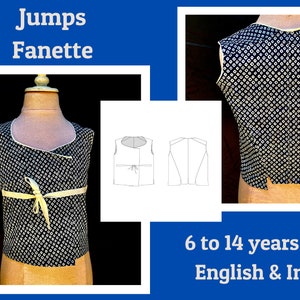 Peut inclure: Un haut sans manches à motif noir et blanc avec un ruban jaune à nouer. Le haut est sur un mannequin et présente un motif de petits cercles blancs sur fond noir. L'image comprend également un dessin au trait du motif du haut. Le texte "Jumps Fanette" et "6 à 14 ans English & Inch" est également inclus dans l'image.