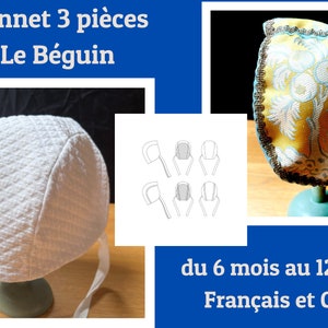 May include: A white bonnet with a diamond pattern and a white tie. The bonnet is displayed on a wooden surface. The image also shows a pattern for a bonnet, and a floral patterned bonnet on a stand.