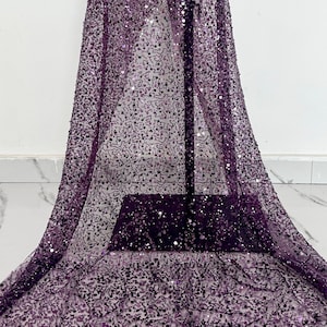 Gorgeous heavy beaded tulle fabric, purple sequined mesh,dress fabric,lace fabric sold by the yard