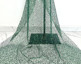 Glittering green beaded and sequined fabric,fashion clothing fabric,tulle fabric,mesh fabric