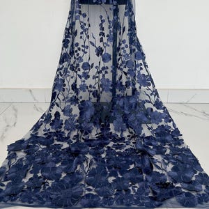 Navy Blue Flower Embroidered Lace Fabric, 3DFlower Fabric, Tulle Fabric,DIY Bridal Gown And Veil, Lace Fabric Sold By The Yard