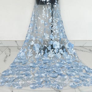 New 3D Flower Embroidery Tulle Lace Fabric,Blue Flower Fabric,Tulle Fabric,Mesh Fabric,Bridal Dress,Wedding Dress,Prom Dress Fabric,1 Yard