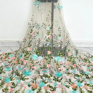 Green floral embroidery fabric,Floral fabrics,tulle fabric,Lace fabric,DIY wedding bridal fabric by the yard