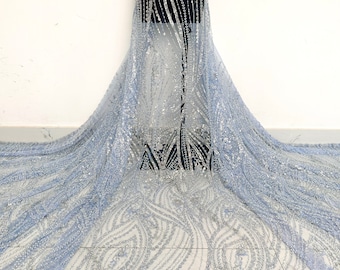 Tela azul claro con lentejuelas florales y cuentas, tela de encaje con cuentas pesadas, tela de tul, tela para vestido de novia de noche, tela para ropa de moda