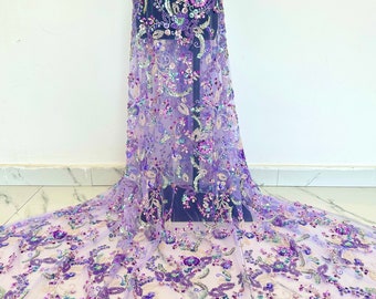 Purple sequin lace fabric, floral sequin net, sequined tulle lace, heavy beaded lace, DIY fabric, lace fabric, mesh fabric 1 yard