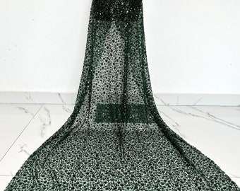 Green 3D floral sequined tulle fabric, heavy sequined lace fabric, dress fabric, DIY beaded lace fabric, mesh fabric