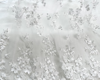 White Floral Lace Fabric,Pearl Mesh Fabric,3D Flower Fabric, Bridal Dress Fabric, Wedding Material, Lace Trim