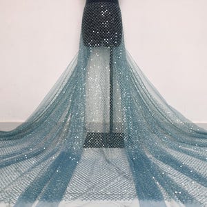 Blue Sequin Lace Fabric, Glitter Dress Fabric, Beaded Dress Lace, Mesh Fabric, Tulle Fabric, Wedding Dress Fabric, Designer Fabric