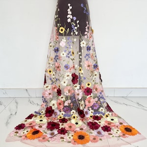 3d Flower Veil Lace,Tulle Fabric,Embroidery Lace Fabric,Wedding Dress Fabric Dress Veil Bridal Lace Fabric,Colorful Floral Lace