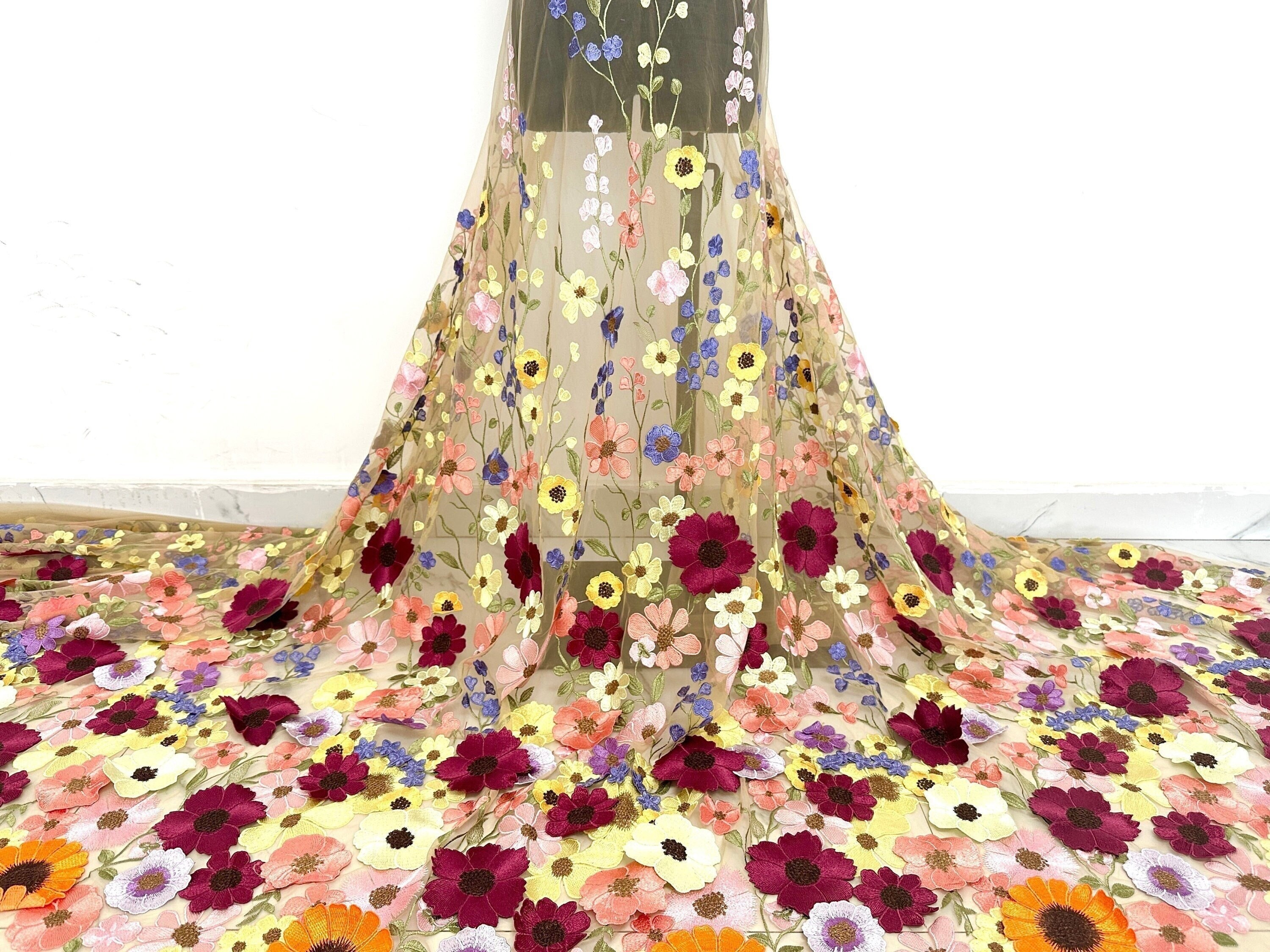 3D Colorful Floral Fabric,DIY Wedding Bridal Evening Dress Costume Handcrafts,mesh fabric,tulle fabric