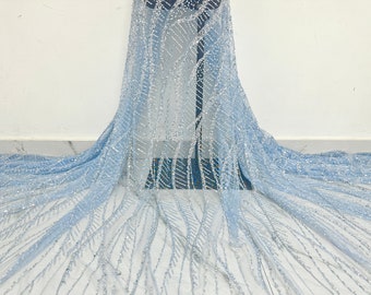 Tela de encaje con cuentas azules pesadas, tela para novias, tela para vestidos, tela con cuentas, malla de encaje
