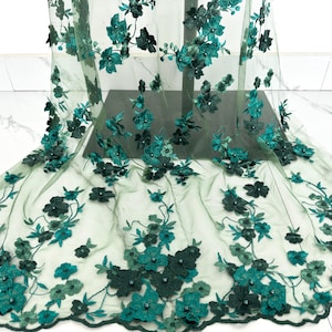 Green Tulle Fabric,3D Flower Fabric,Embroidered Dress Fabric,Designer DIY Fabric,Decorative Fabric,Beaded Mesh Lace