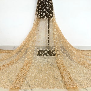 Champagne beaded lace fabric, pearl mesh fabric, sequined lace fabric, high-end dress fabric, designer fabric, clothing material
