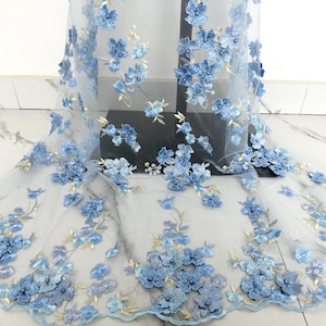 High Quality Embroidery Flower Fabric,Blue 3d Flower Fabric,Dress Fabric,Veil Lace,Evening Dress Fabric,Tulle Fabric,Beaded Mesh Lace