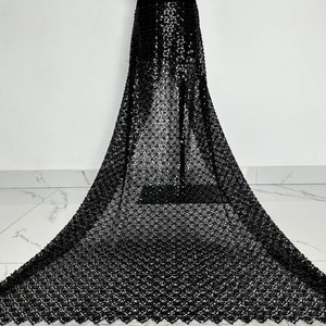 Black beaded floral lace fabric,floral sequin lace fabric, beaded tulle fabric, mesh lace, high-end dress fabric, designer clothing fabric