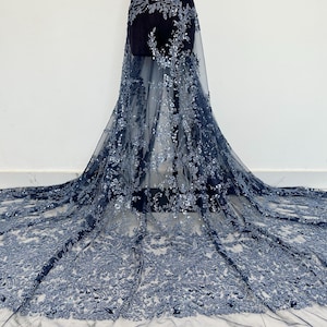 Blue Heavy Beaded Lace, Sequined Tulle, Mesh,DIY Dress Tulle Fabric,Wedding Evening Dress Tulle,Flower Lace Fabric
