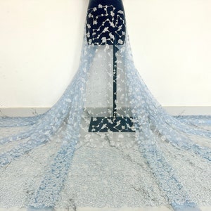 Blue beaded lace fabric, pearl mesh fabric, sequined lace fabric, high-end dress fabric, designer fabric, clothing material