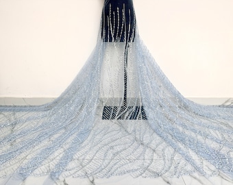 Tela de malla con cuentas azul claro, tela de encaje con cuentas de lentejuelas, tela de vestido de noche, tela de tul de lentejuelas, para vestidos, vestidos de baile, telas de ropa